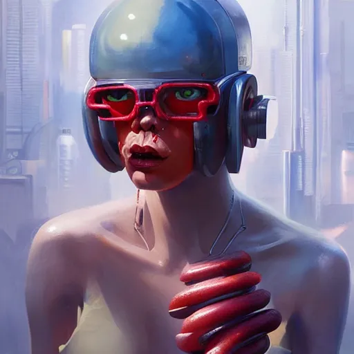 Prompt: cyberpunk hot dog, mechanical hot dog, tubes fused with the body, painted by stanley lau, painted by greg rutkowski, painted by stanley, artgerm, masterpiece, digital art, trending on arts