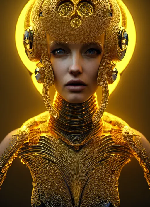 Prompt: three dimensional blueprints for an absurdly beautiful, graceful, sophisticated, fashionable futuristic female golden robot, hyperdetailed illustration by irakli nadar and alexandre ferra, intricate linework, faberge, intricate gold headdress, dark atmosphere, unreal engine 5 highly rendered, global illumination, radiant light, detailed and intricate environment