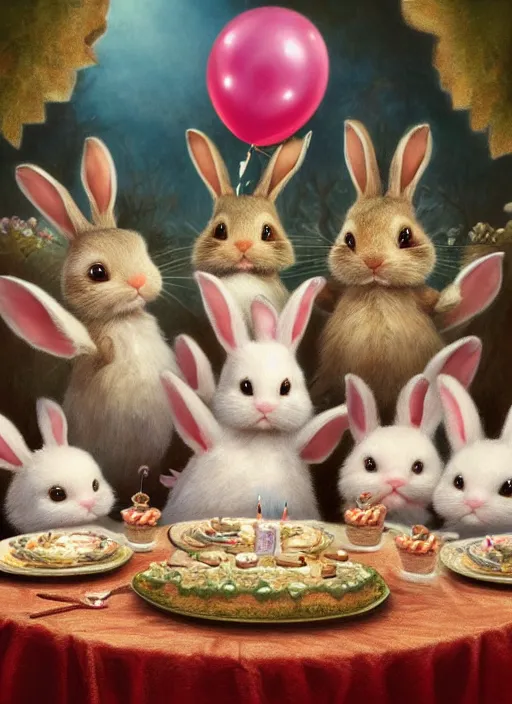 Image similar to highly detailed group closeup portrait of cute bunnies having a birthday party banquet in a castle, unreal engine, nicoletta ceccoli, mark ryden, earl norem, lostfish, global illumination, god rays, detailed and intricate environment