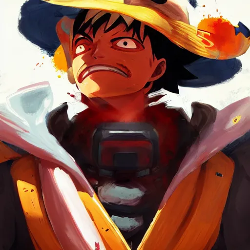 Prompt: Portrait painting Luffy as an Overwatch character, medium shot, asymmetrical, profile picture, Organic Painting, sunny day, Matte Painting, bold shapes, hard edges, street art, trending on artstation, by Huang Guangjian and Gil Elvgren and Sachin Teng