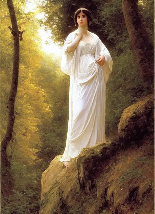 Image similar to a woman with long flowing hair and a flowing white dress in a forest by robert mccall, william - adolphe bouguereau