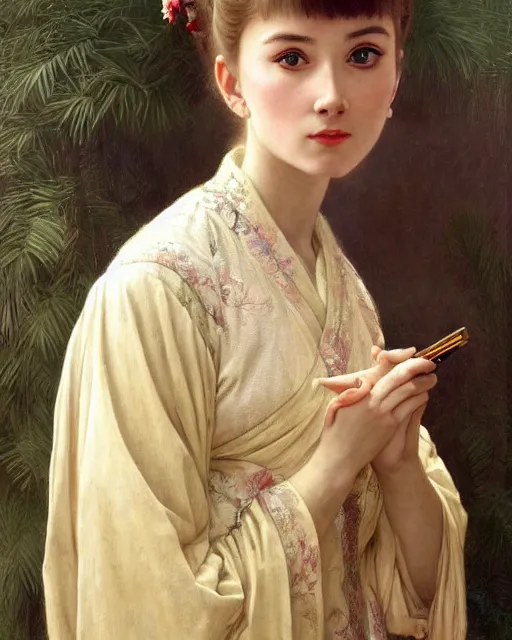 Image similar to a girl who resembles a 16-year old Audrey Hepburn and Scarlett Johansson, dressed in ornate, detailed, intricate Chinese imperial robes, detailed oil painting by William Adolphe Bouguereau and Donato Giancola