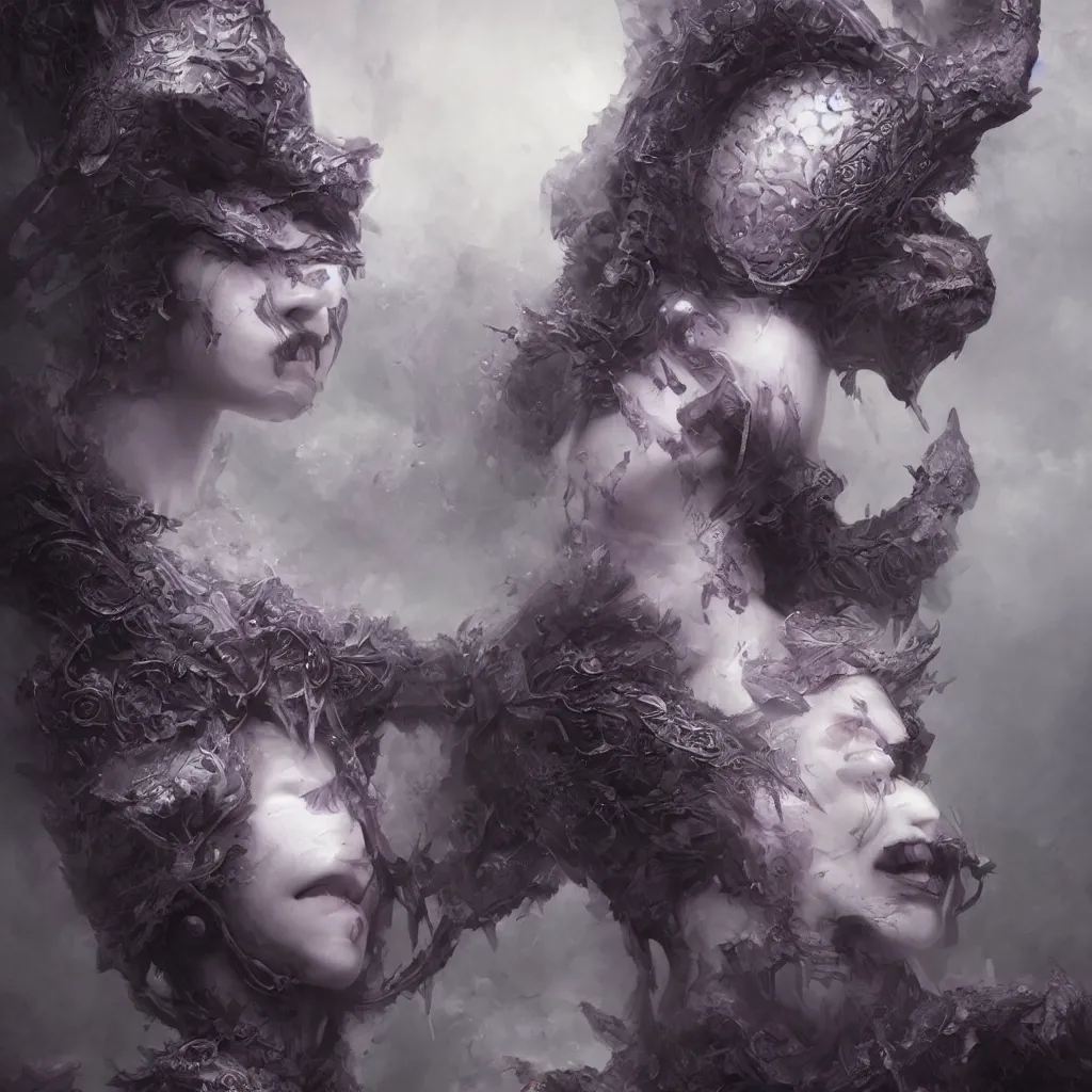 Image similar to tom bagshaw, soft painting centered portrait fractal curiosities carnival, a single beautiful anthropomorphic female wolf mutation in full nightshade gothic armor, accurate features, focus, very intricate ultrafine details, black white purple volumetric clouds, award winning masterpiece, octane render 8 k hd