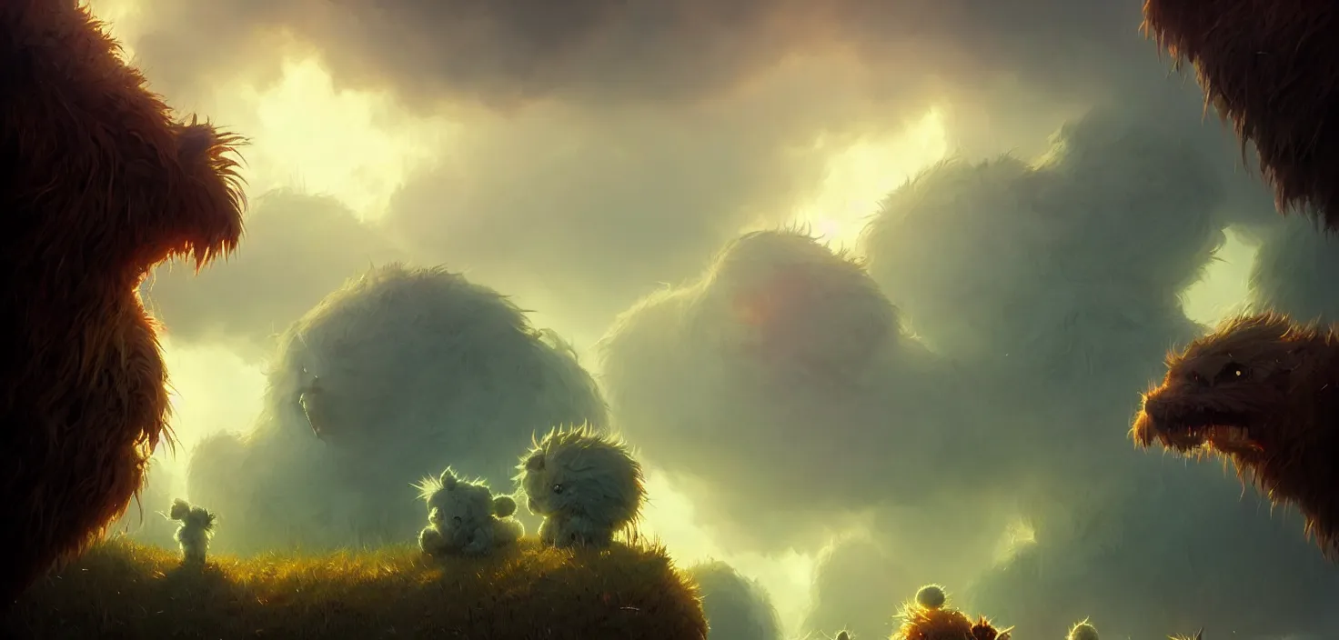 Prompt: shaggy fluffy angry monsters close - up upscale, detailed, concept art, low angle, high detail, warm lighting, volumetric, godrays, vivid, beautiful, trending on artstation, by jordan grimmer, huge scene, grass, art greg rutkowski