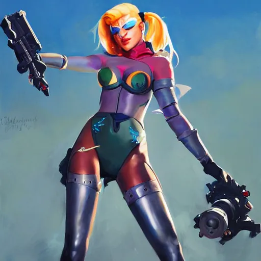 Image similar to greg manchess portrait painting of harley queen as cyber overwatch character, medium shot, asymmetrical, profile picture, organic painting, sunny day, matte painting, bold shapes, hard edges, street art, trending on artstation, by huang guangjian and gil elvgren and sachin teng