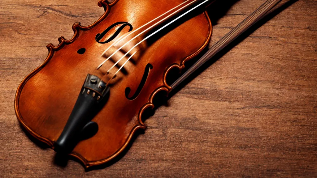 Image similar to a violin on an ancient wood table in victorian house, close up view, 3/4 view, beautiful reflexions, detailed wooden table, photorealistic, photorealism, diffuse light, octane render