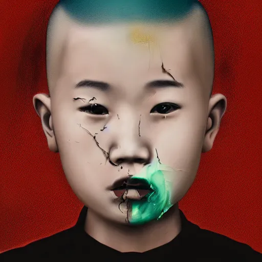 Image similar to dramatic portrait of chinese boy buzz cut, battle damaged, digital painting