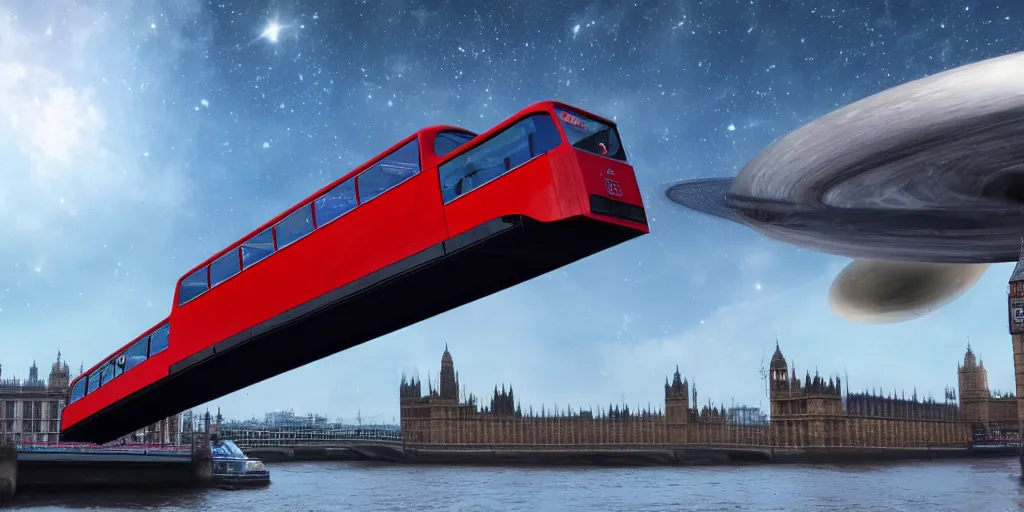 Image similar to a double decker london bus, flying through outer space, gbp is flying out the windows, ultra realistic, concept art 4k