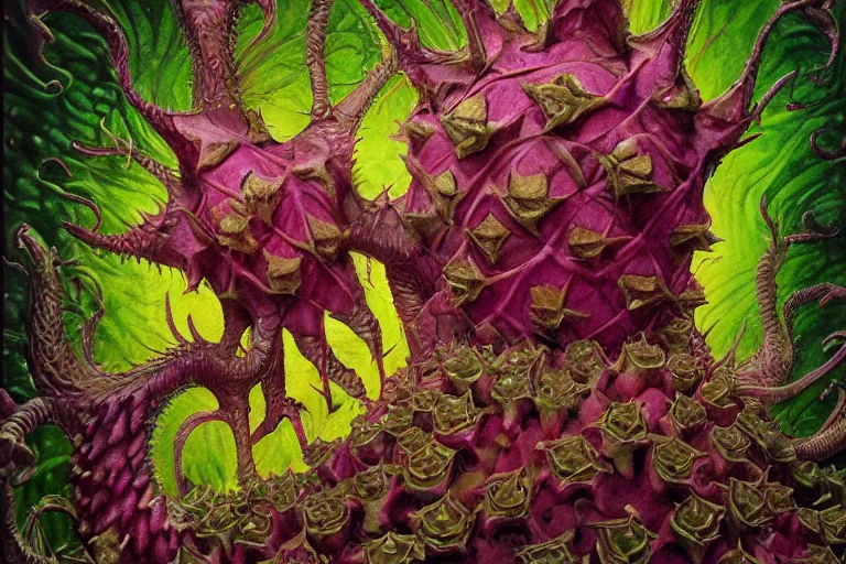 Image similar to dragonfruit wizard, painted by wendy froud and wayne douglas barlowe, trending on artstation, bright closeup view movie poster, mandelbulb 3 d, fresco, watercolor painting, daguerreotype