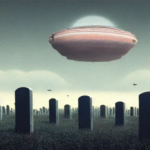 Prompt: a large field of tombstones with ufos invading on the horizon, beksinski, wayne barlowe, very coherent symmetrical artwork, cinematic, hyper realism, high detail, octane render, 8 k