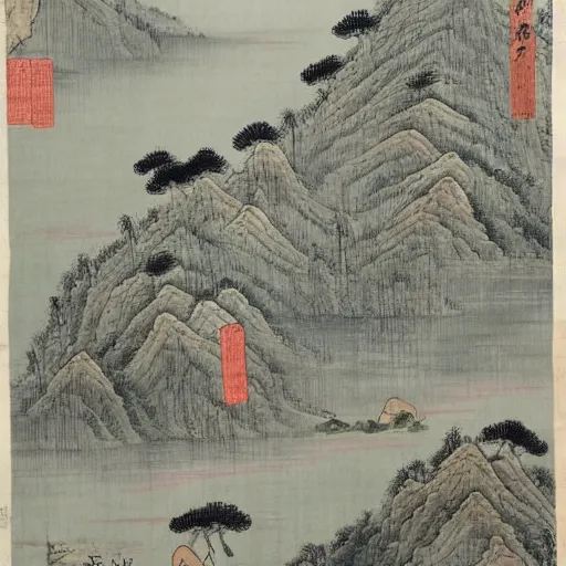 Image similar to Krusu's two-dimensional style, such as the thirty-six scenes of Fuyue painted by ukiyo, and the river on the Qingming Festival