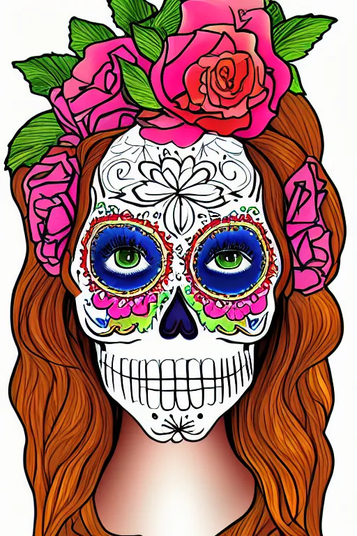 Image similar to illustration of a sugar skull day of the dead girl, art by kelogsloops