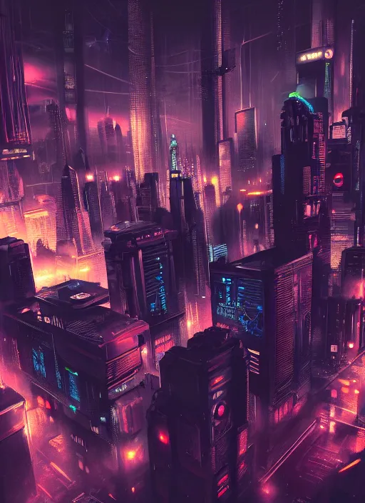 Image similar to cyberpunk scifi scene of a city at night, helicopter view, craft flying, artstation, matt painting, very detailed, maximalism, ambient occlusion, volumetric light, atmospheric haze, unreal engine, hyper realism, realistic shading, cinematic composition, realistic render, octane render, detailed textures, photorealistic, wide shot