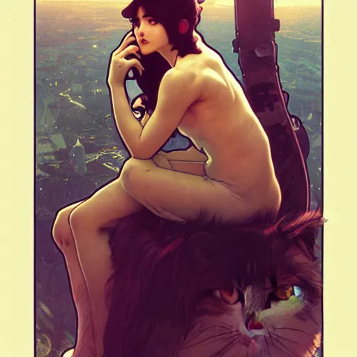 Image similar to A fuzzy cat sitting on planet earth, matte, sharp focus, illustration, art by Artgerm and Greg Rutkowski and Alphonse Mucha