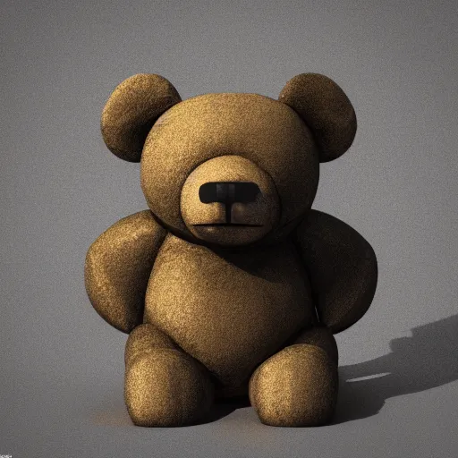 Image similar to brutalist teddy bear covered in oil, 8 k, 3 d octane render, unreal engine