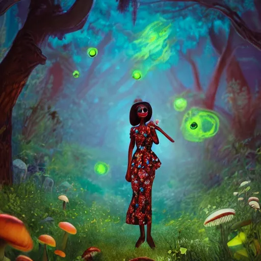 Prompt: a dark skinned anthro mushroom woman with long arms and long legs wearing a floral dress, fireflies, vivid colours, ultra realistic,, cg society contest winner, behance contest winner, artstation, 4 k uhd art, unreal engine 5