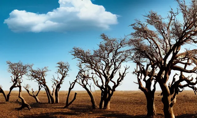 Image similar to panorama of big raindrops flying upwards into the perfect cloudless blue sky from a dried up river in a desolate land, dead trees, blue sky, hot and sunny highly-detailed, elegant, dramatic lighting, artstation, 4k, cinematic landscape, photograph by National Geographic