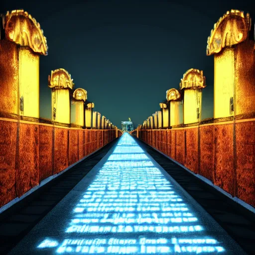 Image similar to l a long path to the gates of heaven with glowing clouds, illuminated background with streets made of gold & architecture made of crystal, photrealism, 4 k.