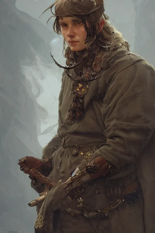 Image similar to A full portrait of an ancient nordic scout, intricate, elegant, highly detailed, digital painting, artstation, concept art, smooth, sharp focus, illustration, art by Krenz Cushart and Artem Demura and alphonse mucha