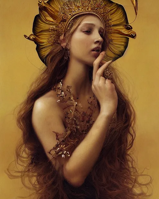 Prompt: young poppy goddess, portrait, beautiful face, long hair, emotionally evoking symbolic metaphor, head in focus, fantasy, ornamental, intricate, elegant, sensual, highly detailed digital painting, artstation, concept art, smooth, golden ratio, sharp focus, illustration, art by John Collier and Krenz Cushart and Artem Demura and and Greg Rutkowski and Alphonse Mucha and Albert Aublet