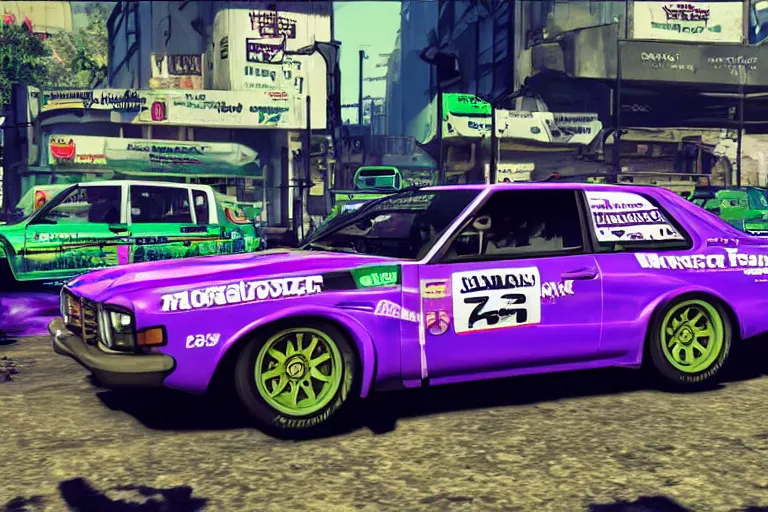 Image similar to purple and green wrc snakeoil livery rally car, gta 5 stylized, official fanart by jesper ejsing, by wlop, frank frazetta and r. crumb