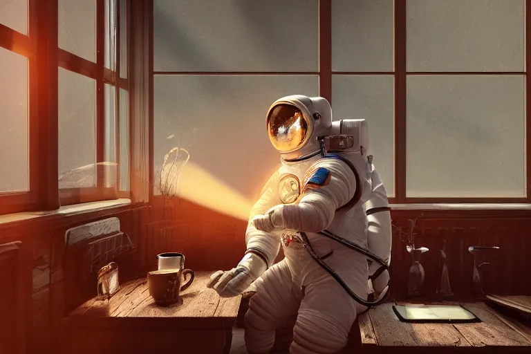 Image similar to a single cosmonaut in a spacesuit drinks a steaming cup of tea at an old wooden desk in a richly decorated Victorian house. the autumn light comes in through a window and dimly illuminates the room, diffuse light, octane render