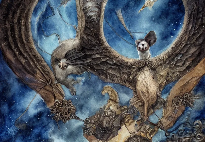 Prompt: epic winged possum flying over a medieval castle under a dark starred sky, dark fantasy, watercolor, dreaming illusion, highly detailed, 4k, trending on Artstation, award-winning