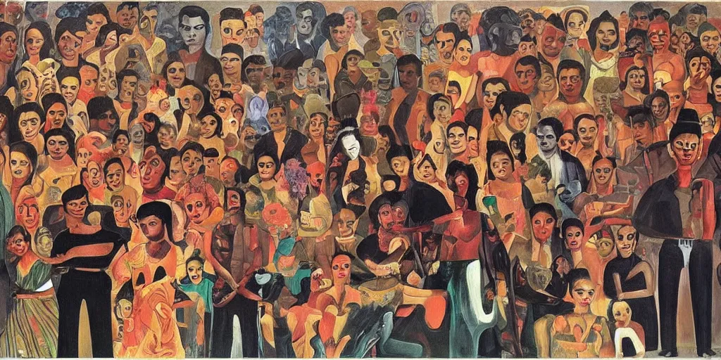 Image similar to The devil runs a group of people's lives in a big circle, Frida painting style.