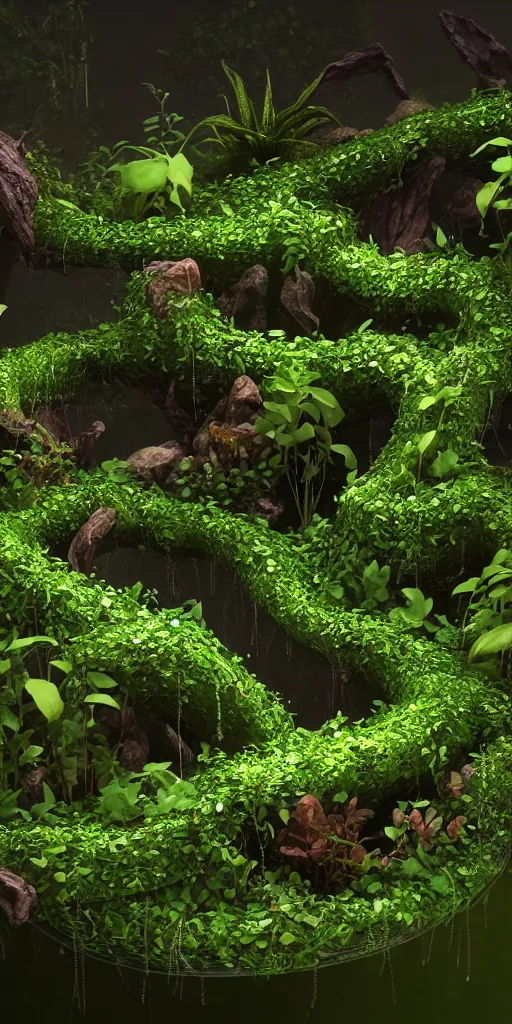 Prompt: graphic of enchanted terrarium, vines wrap around the terrarium, a rivers flows inside the terraium, unreal engine 5, blender, depth of field, ultra realistic, cinematic, macro, artstation, megascan, intricate, epic, Quixel, weta digital, focus, octane render, v-ray, digital art, highly detailed illustration, golden ratio, artwork by yaoy kusama, art by mark brooks, rule of thirds