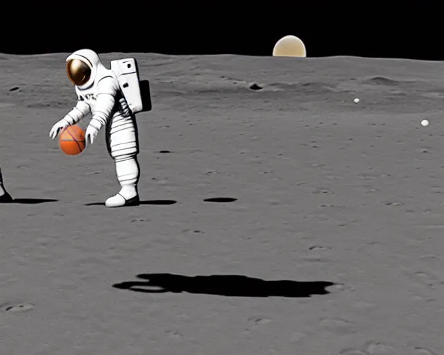 Prompt: two astronauts playing basketball on the surface of moon