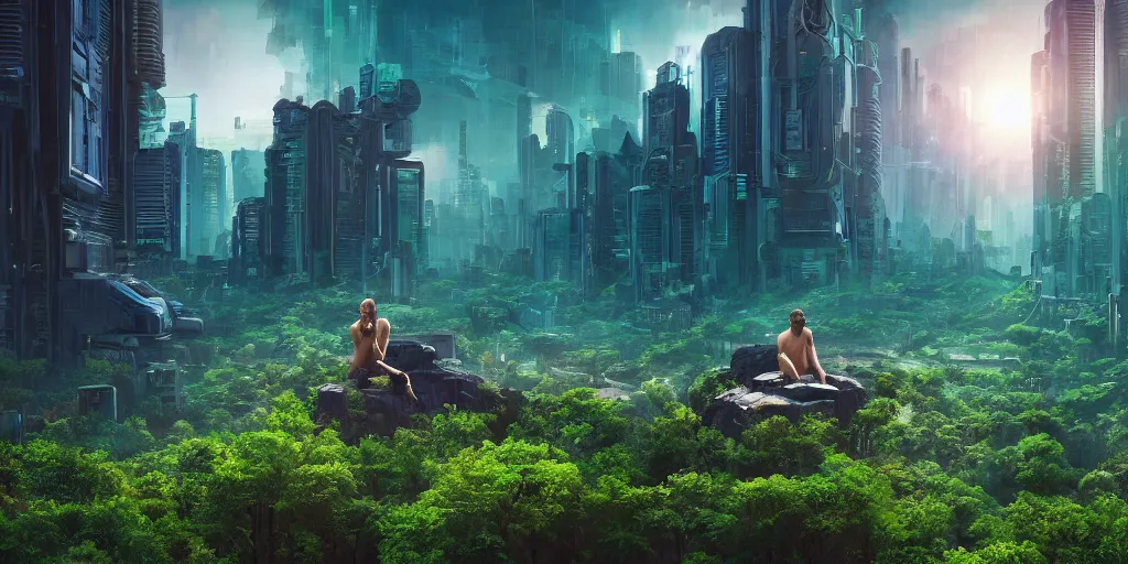 Image similar to a cinematic composition depicting : a computer run lush civilization encroaching on a degrading cyberpunk world, on top of the mountain a mysterious man sits in a lotus pose using his transformative energy to transition to a hopeful and lush foresty solarpunk valley at sunrise