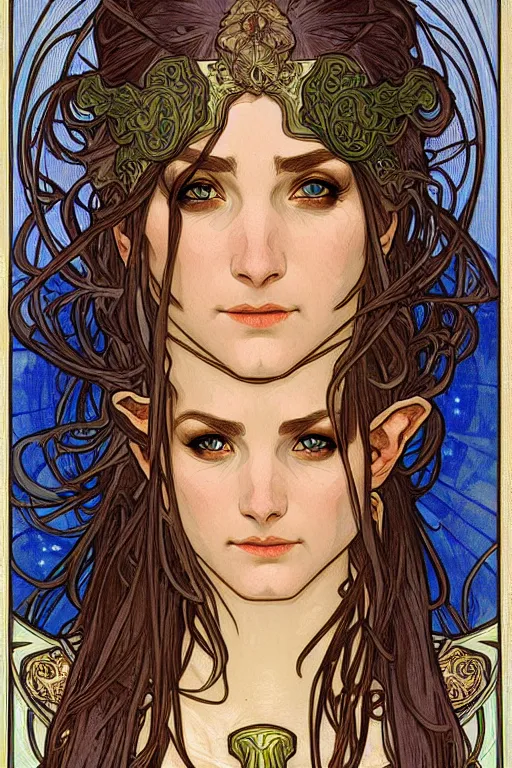 Prompt: head and shoulders portrait of an eldritch knight, elf, beautiful, female, breastplate, magical, high fantasy, d & d, by alphonse mucha, face details, extremely detailed, digital illustration