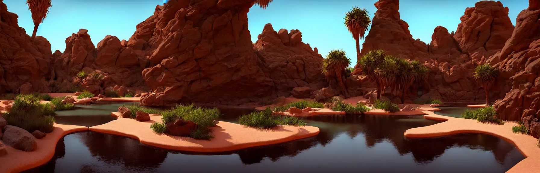 Prompt: a desert oasis; very detailed, by Federico Pelat, Caravaggio; artstation, unreal engine 5