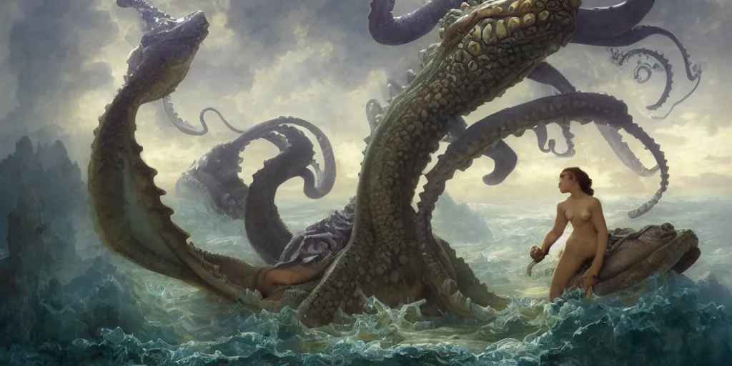 Prompt: Fantasy fairytale story, Great Leviathan Turtle, cephalopod, Cthulhu Squid, Mysterious Island, center Universe, accompany hybrid, Mystical Valkyrie Cyborg, Anubis Reptilian, Atlantean Warrior, intense fantasy atmospheric lighting, hyperrealistic, William-Adolphe Bouguereau, François Boucher, Jessica Rossier, Michael Cheval, michael whelan, Cozy, hot springs hidden Cave, Forest, candlelight, natural light, lush plants and flowers, Spectacular Mountains, bright clouds, luminous stellar sky, outer worlds, Solar Flare Unreal Engine, HD,