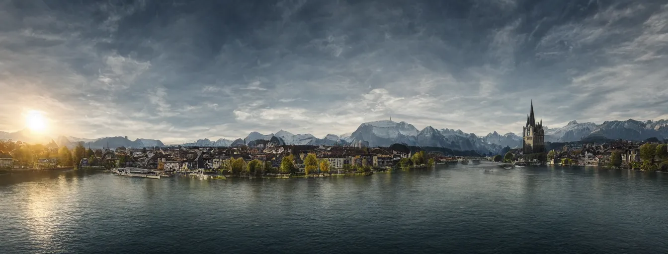 Image similar to Photo of Zurich, looking down the river at the lake and the alps, Hardturm, Grossmünster, wide angle, volumetric light, hyperdetailed, mountain water, artstation, cgsociety, 8k