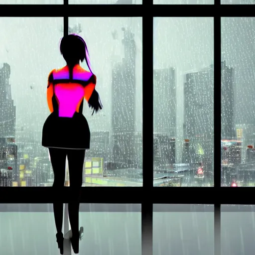 Image similar to a female cyborg looks out a window at the skyline of a raining neon city