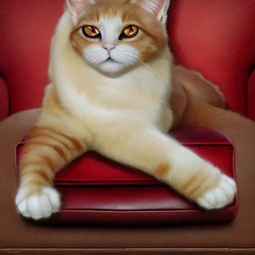 Prompt: a beautiful painting of a red cat laying on a fluffy pillow in a leather chair by Aaron Blaise and Craig Mullins, highly detailed, trending on artstation, unreal engine, octane render,