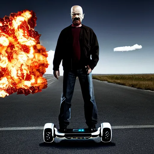 Image similar to Walter White from Breaking Bad (2008) standing on a hoverboard with an exploding car behind him, HDR, 8k,