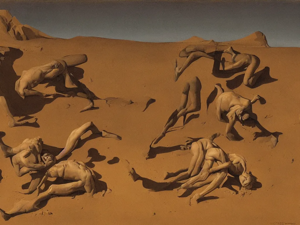 Prompt: Men wrestling in the mud, sculpted by Henri Moore. Moon light alien desert landscape. Painting by Georges de la Tour, Balthus, Roger Dean