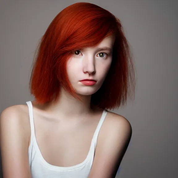 Image similar to portrait of a plain looking young white female model red hair and uneven skintone and a round shaped face