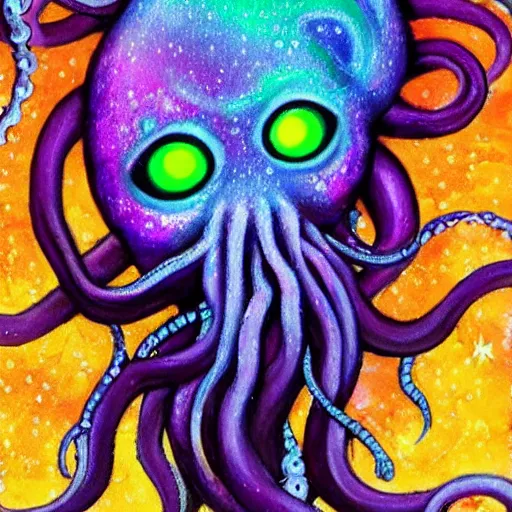 Prompt: Cthlulu!!!!!!!!!!!!!!! Squid-face lovecraftian eldritch profile pic, oil painting, tentacles, glow galaxy background,