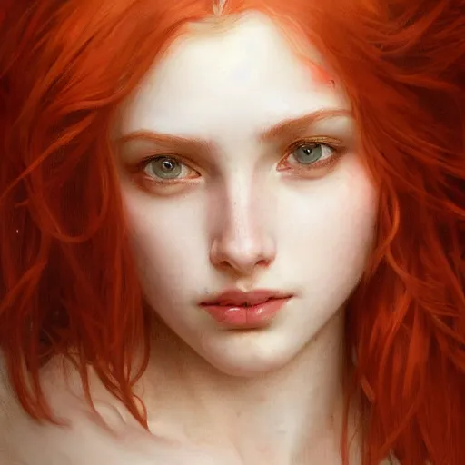 Prompt: portrait of a beautiful girl, red hair, headshot, hyper realistic, pale skin, 4k, rule of thirds, beautiful eyes, extreme detail, detailed drawing, trending artstation, hd, fantasy, D&D, realistic lighting, by Alphonse Mucha, Greg Rutkowski, sharp focus, backlit, elegant