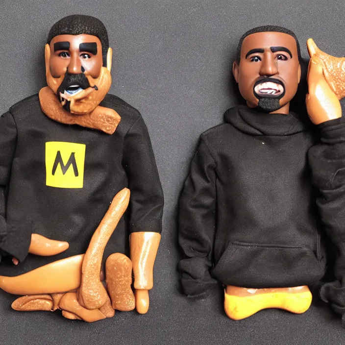 Image similar to kanye west using a black mask with small holes, a black shirt, a black undersize hoodie and black rubber boots, a mcdonald's happy meal toy figure of kanye west using a black mask with small holes, a black shirt, a black undersize hoodie and black rubber boots, figurine, detailed product photo