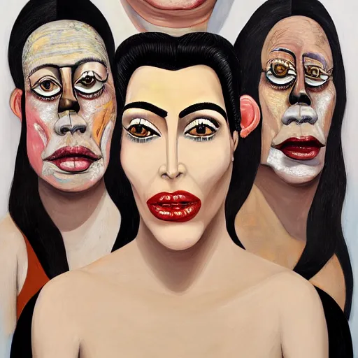 Image similar to grotesque portrait of kim kardashian painted by george condo, intricate, multiple faces, dark, highly detailed, oil on canvas, terrifying, brilliantly colored, 8 k