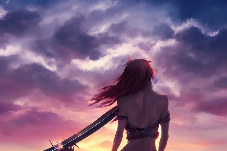 Prompt: back shot of one single beautiful girl, holding two swords, digital art by wlop. artstation contest winner, cinematic paint. lower shot. dramatic cloud in background. sunset