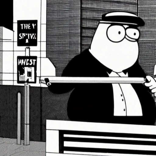 Image similar to peter griffin in They Live (1988), B&W, film still