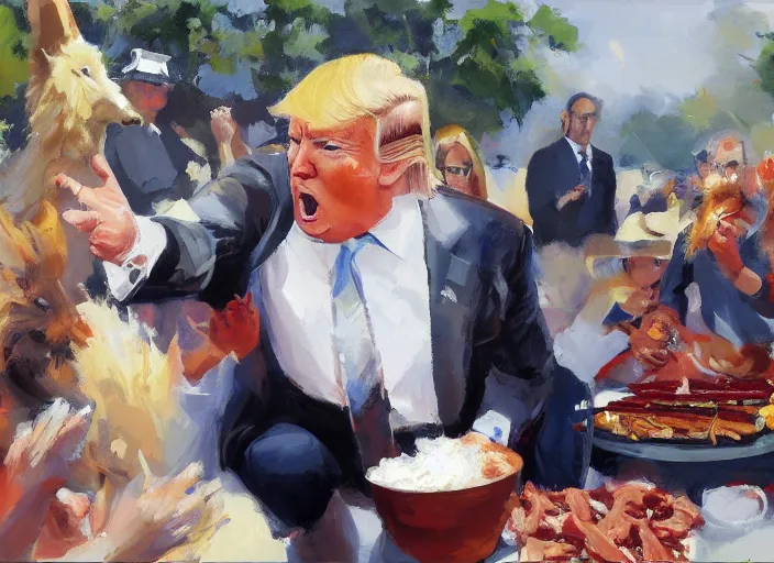 Image similar to a highly detailed beautiful portrait of a donald trump protesting against eating animals while people doing bbq, by gregory manchess, james gurney, james jean