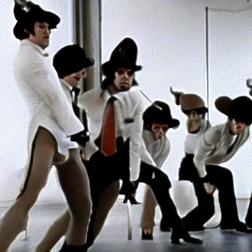 Prompt: A film still from a A Clockwork Orange 1971 Stanley Kubrick movie about league of legends cosplayers. Realism. 4k. 8mm. Grainy. Panavision