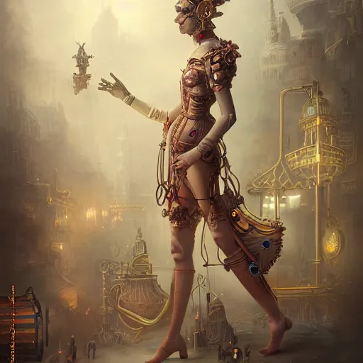 Image similar to by tom bagshaw, photorealist vivid render of a carnival of curiosities marvel, single bald steampunk female in a full ornated armor, gears, cables, led, flying machinery, partial symmetry accurate features, very intricate details, focus, award winning, ultra dense fog, trending on behance