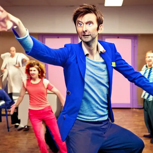 Image similar to closeup promotional image of an David Tennant as Doctor Who at a polka dance-off contest at the YMCA basketball gym, around the gym everyone is cheering, in the background the Tardis door is wide open to the interior, frenetic, quirky, movie still, promotional image, imax, 4K